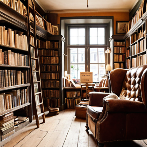 Home 4 **
A cozy, cluttered secondhand bookstore in Amsterdam. Antique books line shelves reaching the ceiling. Soft light streams through a window, illuminating dusty covers and creating a warm, inviting atmosphere. A customer browses the shelves, looking for a hidden gem. Details include vintage maps, globes, and a worn leather armchair. Focus on the sense of history and discovery.
**
